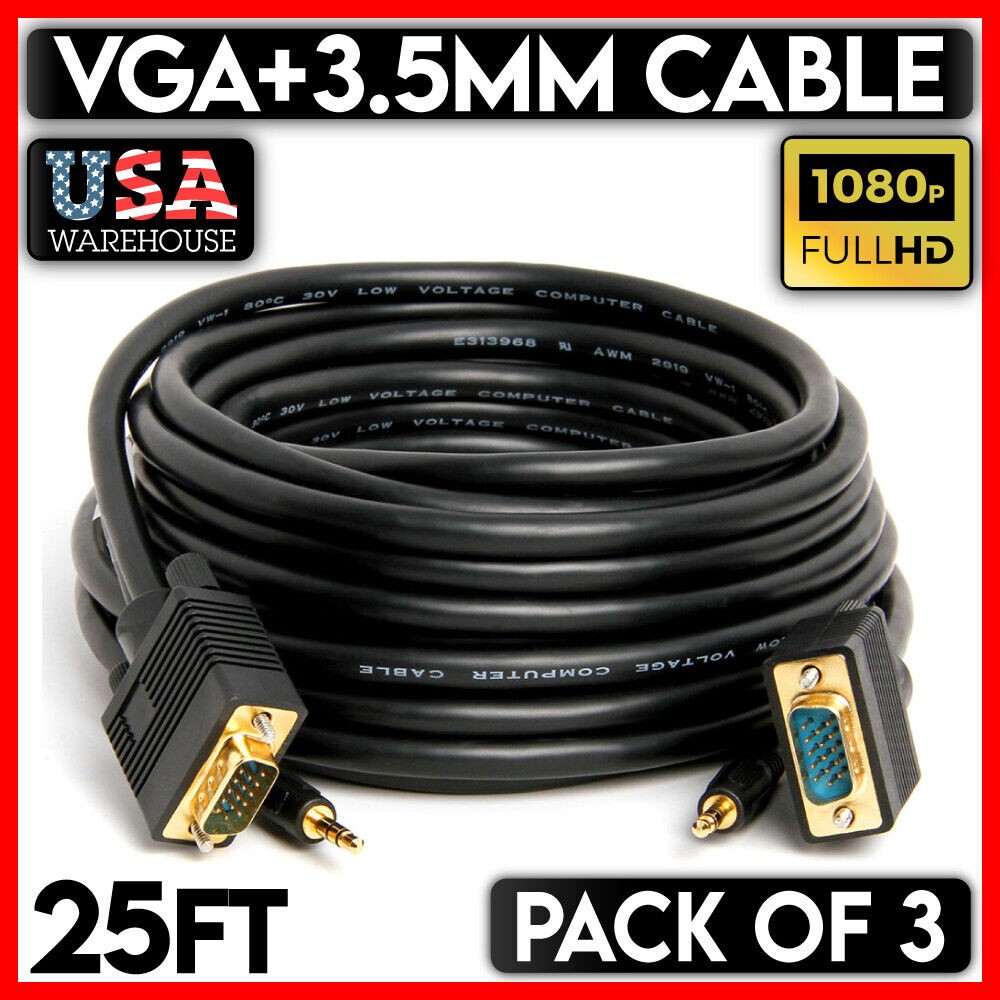 VGA Cable + AUX 3.5mm Stereo 25 Feet SVGA HD15 Male to Male Monitor Cord 3 Pack