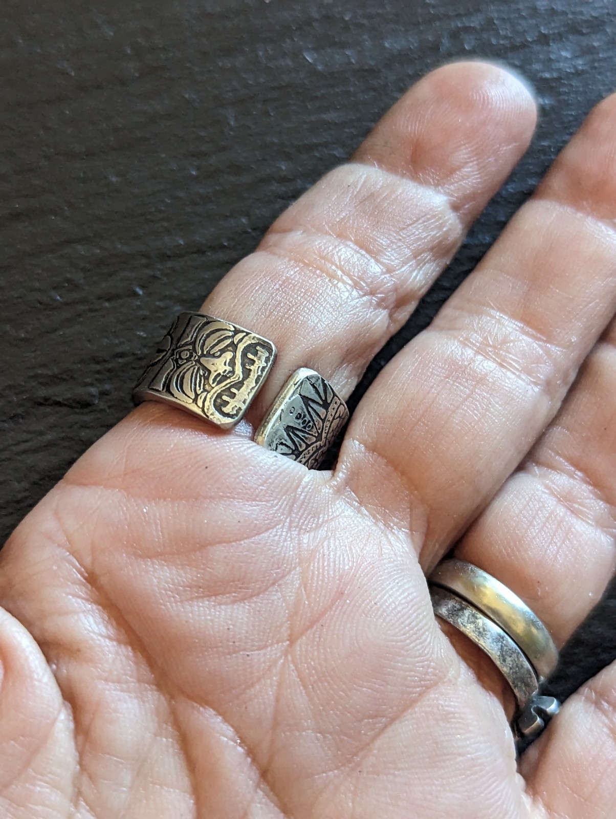 Thick sterling silver ring with tiki gods - handmade - open design