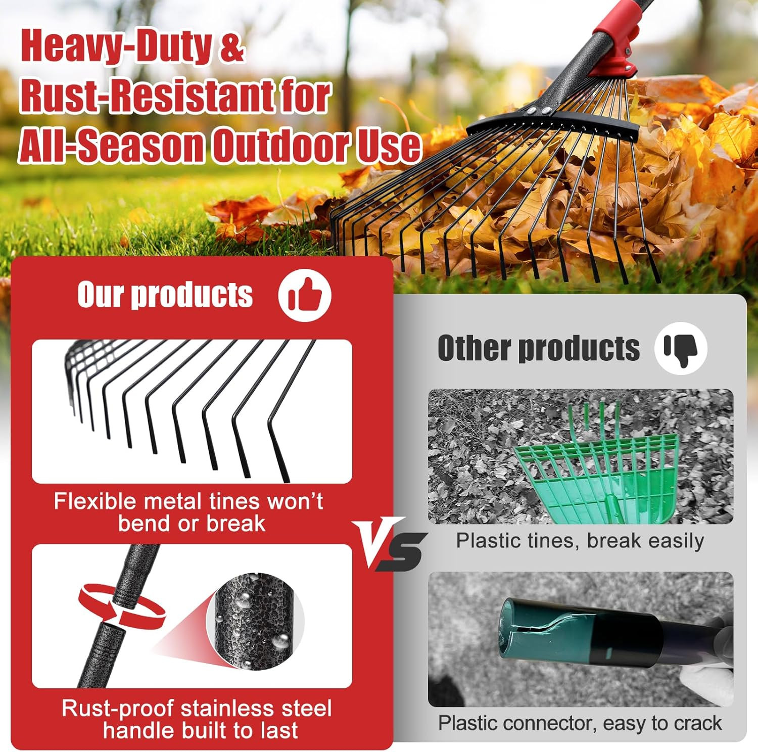 Collapsible Rake for Leaves - 70" Adjustable Long Handle Yard Rake, Expandable M