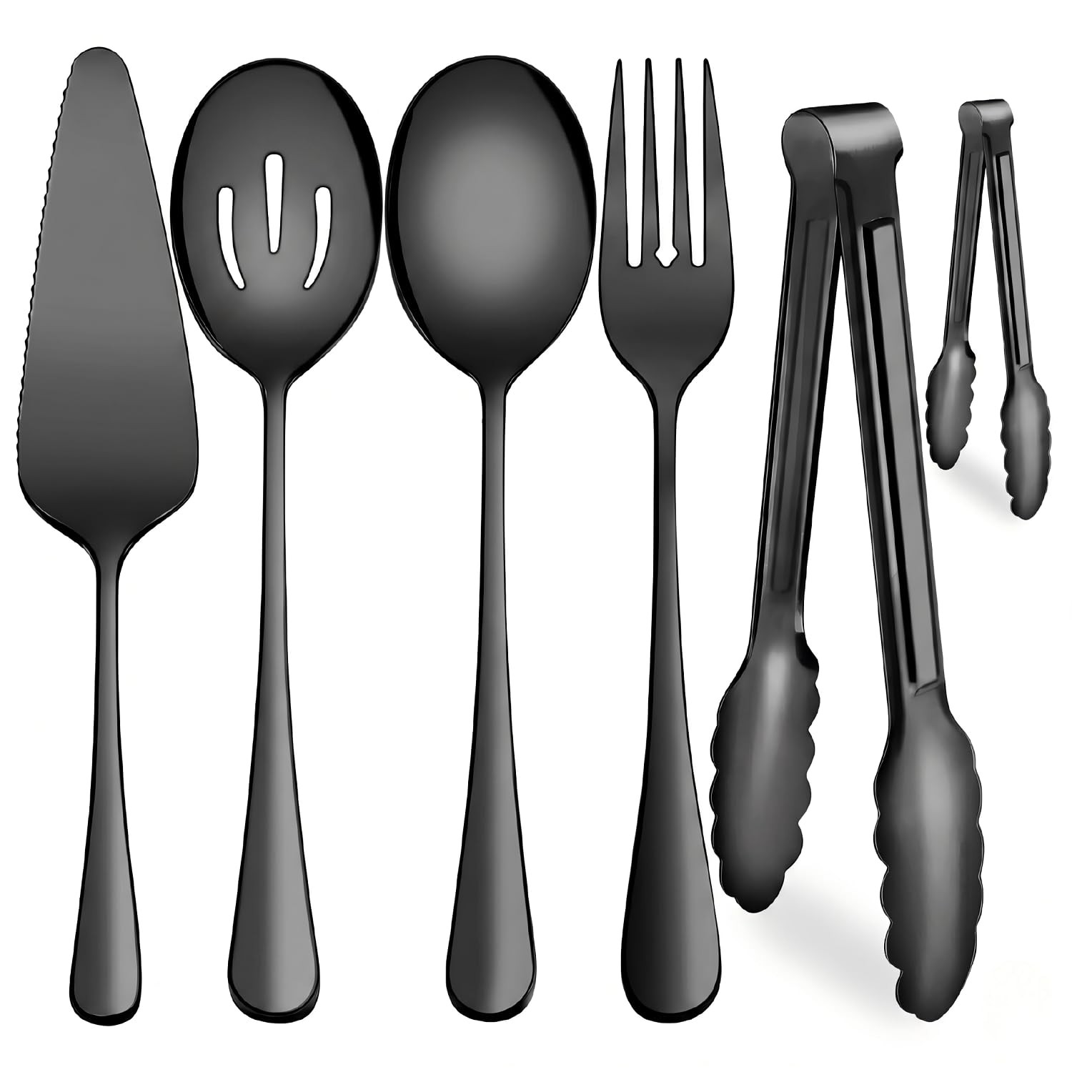 6 PCS Black Stainless Steel Serving Utensil Spoon Fork Tong Pie Server Set