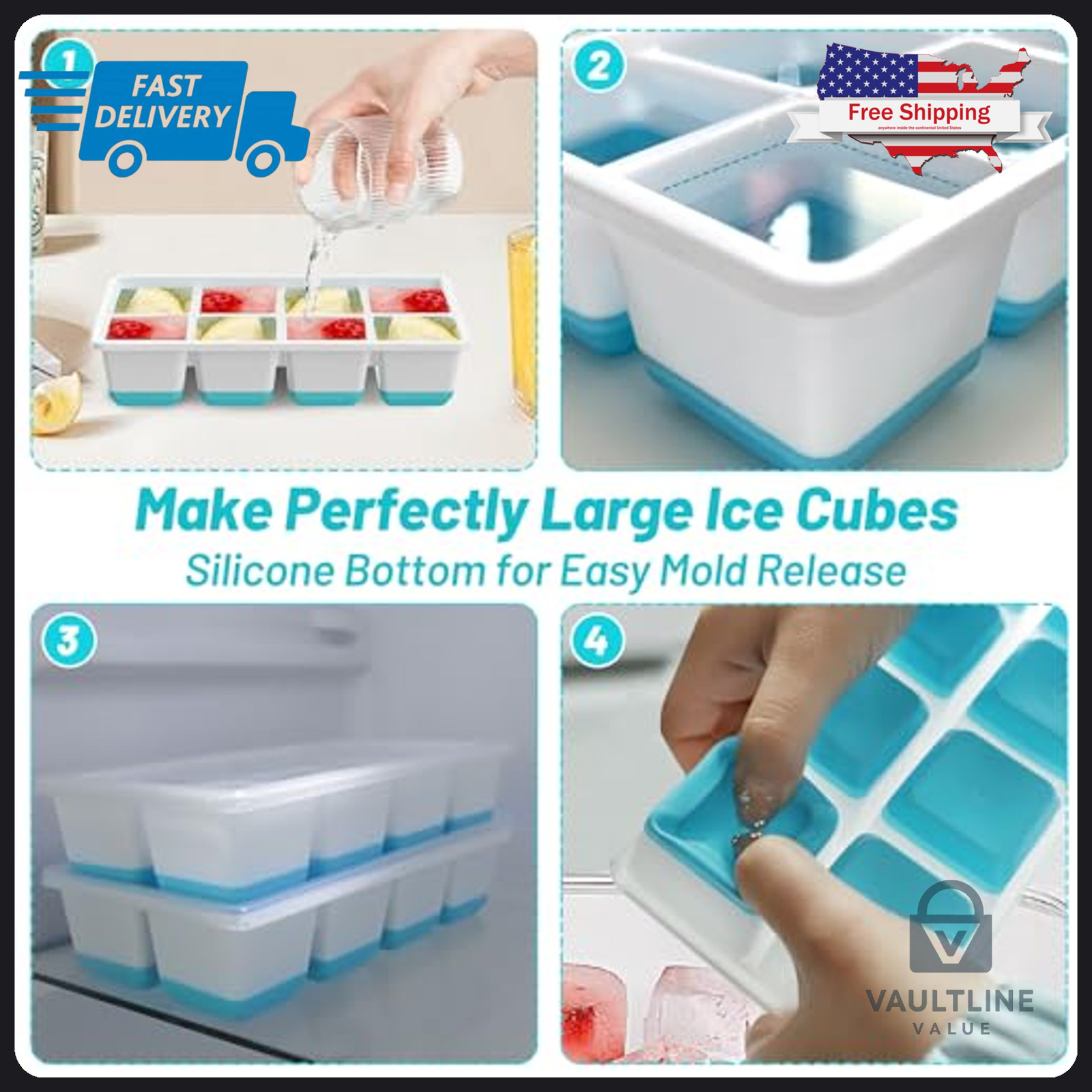 2 Pack VEHHE Silicone Ice Cube Trays with Lids - Large Square Mold - Blue