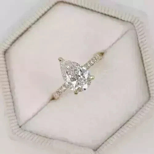 2.30 Ct Pear Cut Prong White Moissanite Engagement Ring 14K Yellow Gold Finish