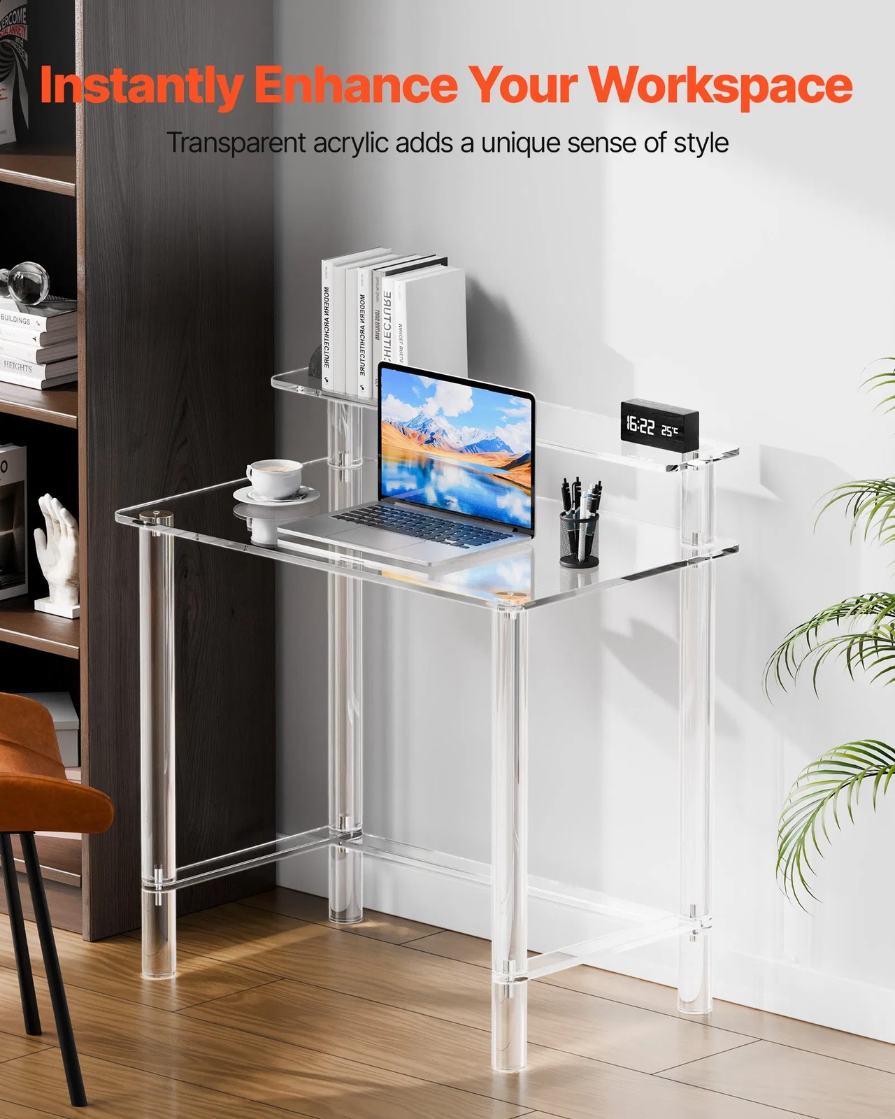 Acrylic Table, 2 Tiers Clear Office Desk with Monitor Stand, Acrylic Study Compu