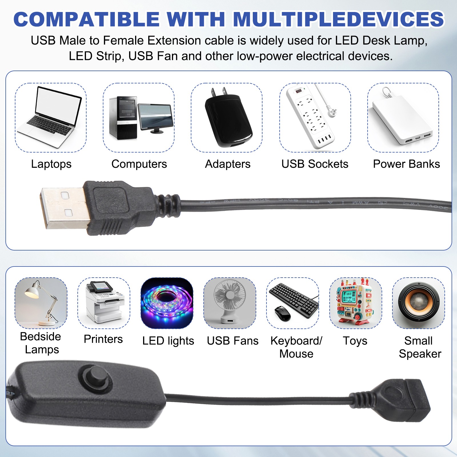 3.28ft USB Extension Cable with Switch 1pcs Button Switch Power Data Cable Black