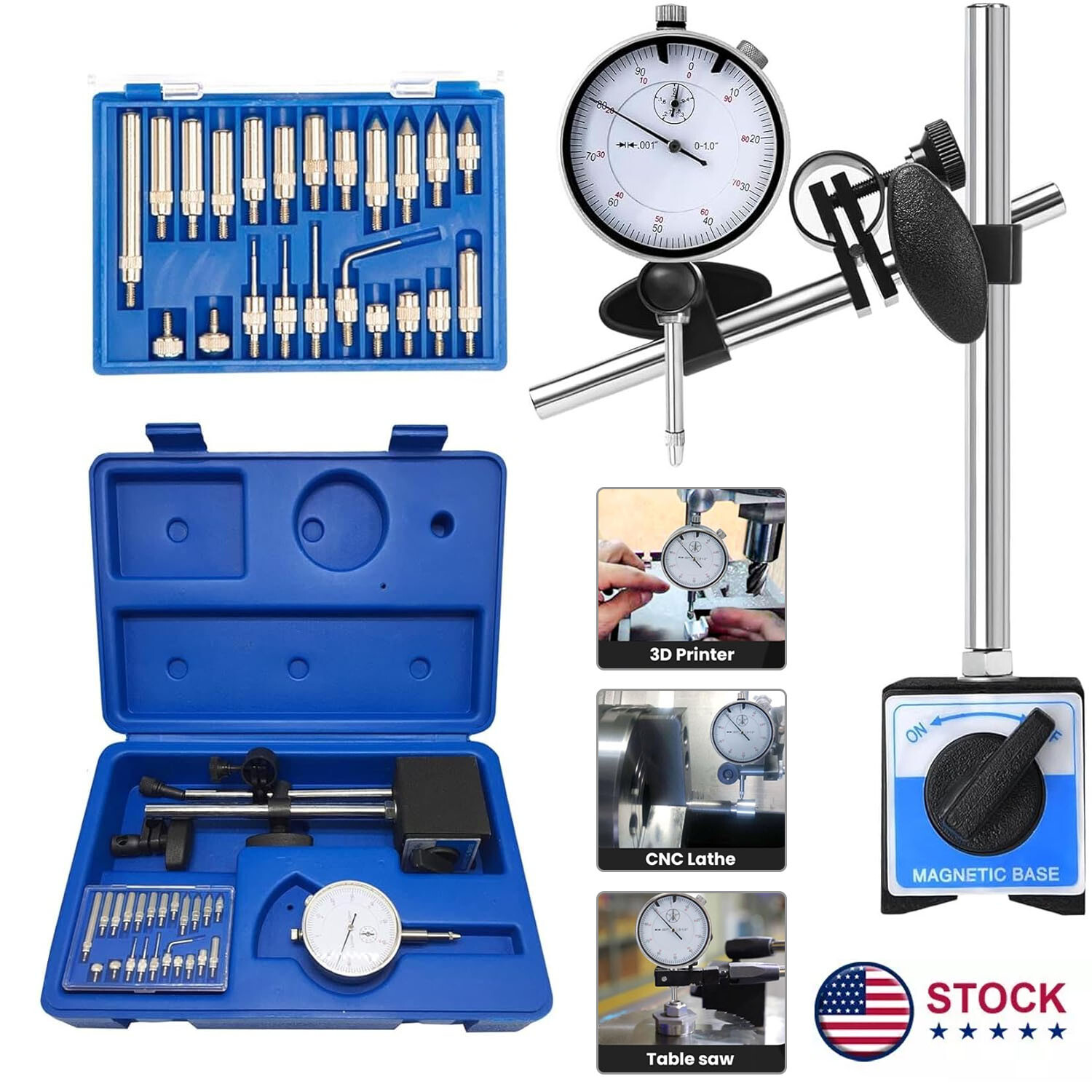 Dial Indicator with Magnetic Base Holder Differential Backlash Gauge 0-1.0 Test