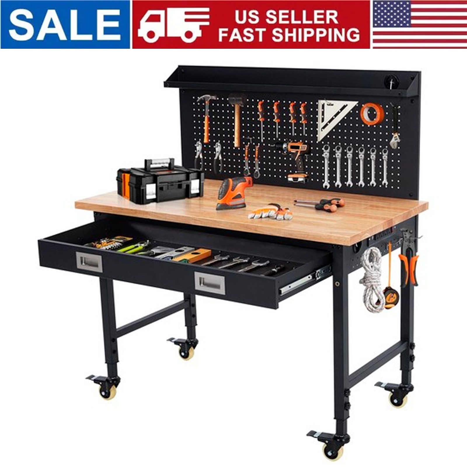 Heavy Duty Adjustable Workbench 48" with Drawer Storage & Backplate 2000lbs