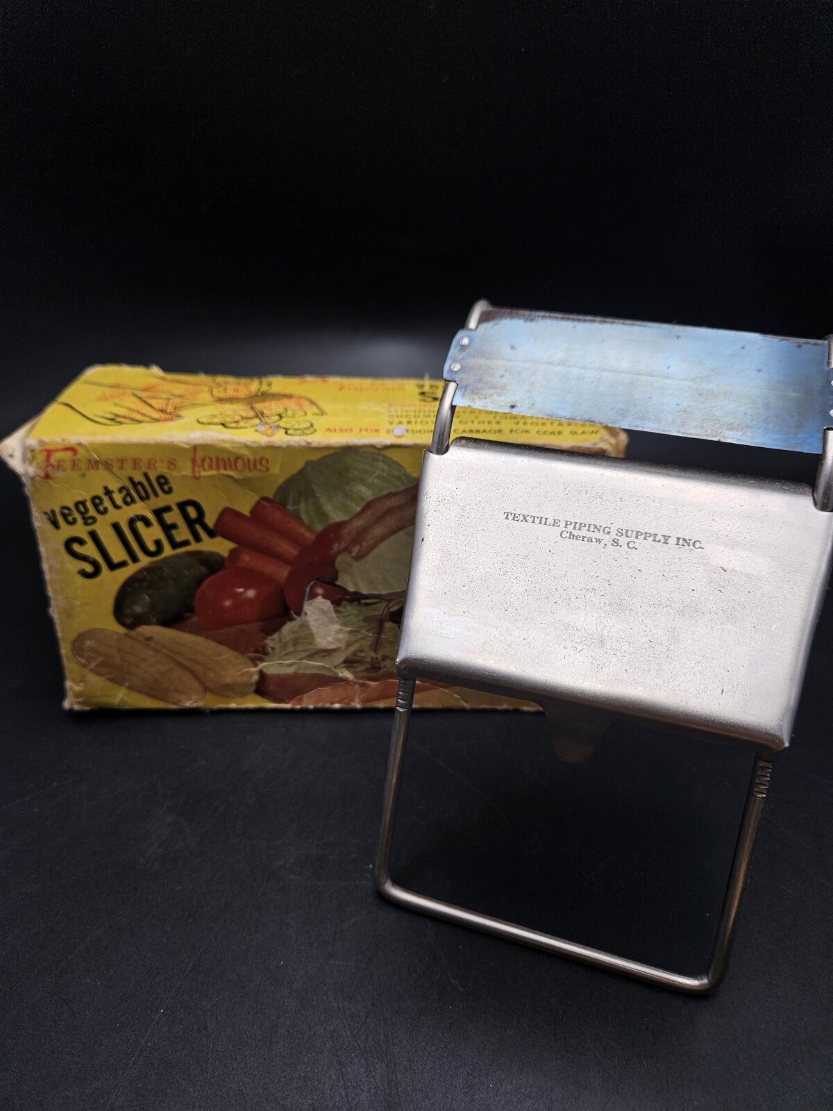 Vtg 1950s Feemster Vegetable Slicer Box Cheraw SC Textile Advertising Blue Steel