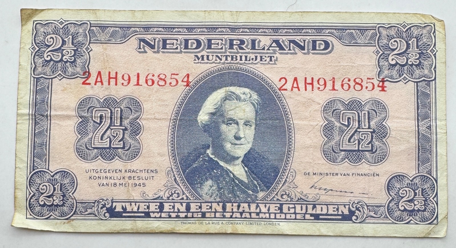1945 Netherlands 2 1/2 Gulden Banknote - Nederland - Note - Free Shipping