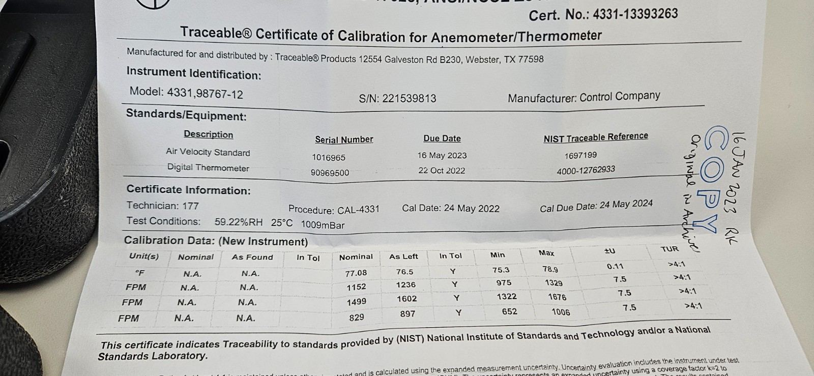 Anemometer / Thermometer Traceable 4331