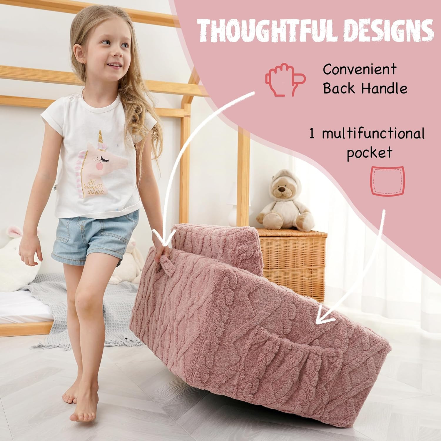Pink 2-in-1 Toddler Couch: Soft Flannel Fold-Out Sofa & Lounger for Kids