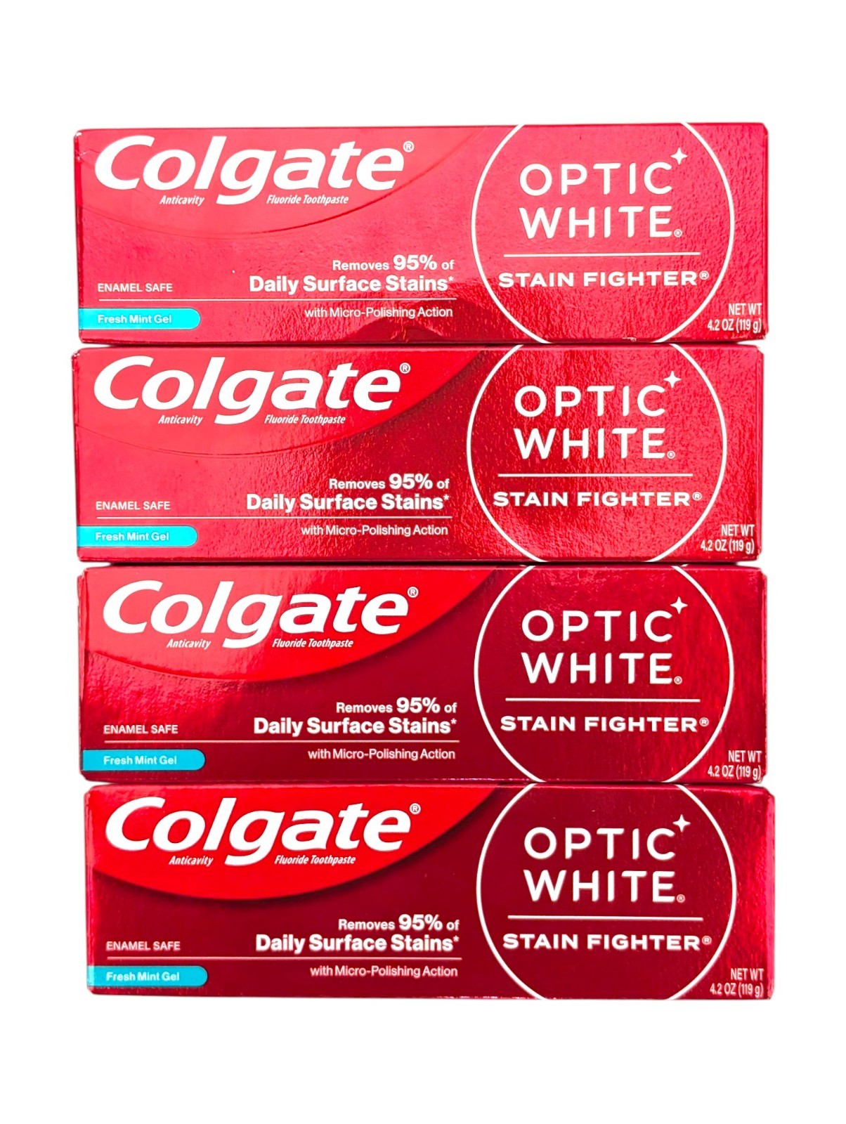 Colgate Optic White Stain Fighter Toothpaste - Fresh Mint Gel , 4.2oz  -LOT OF 4