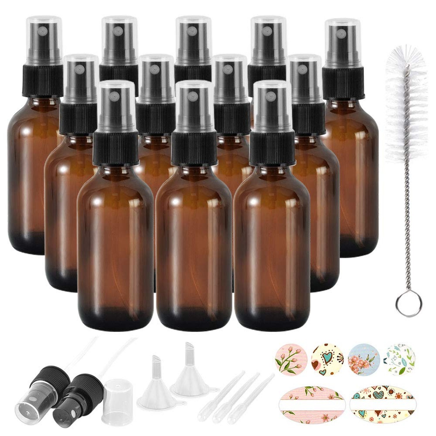 12 Pack 2oz 60 ml Amber Glass Spray Bottles with Fine Mist Sprayer & Dust Cap...