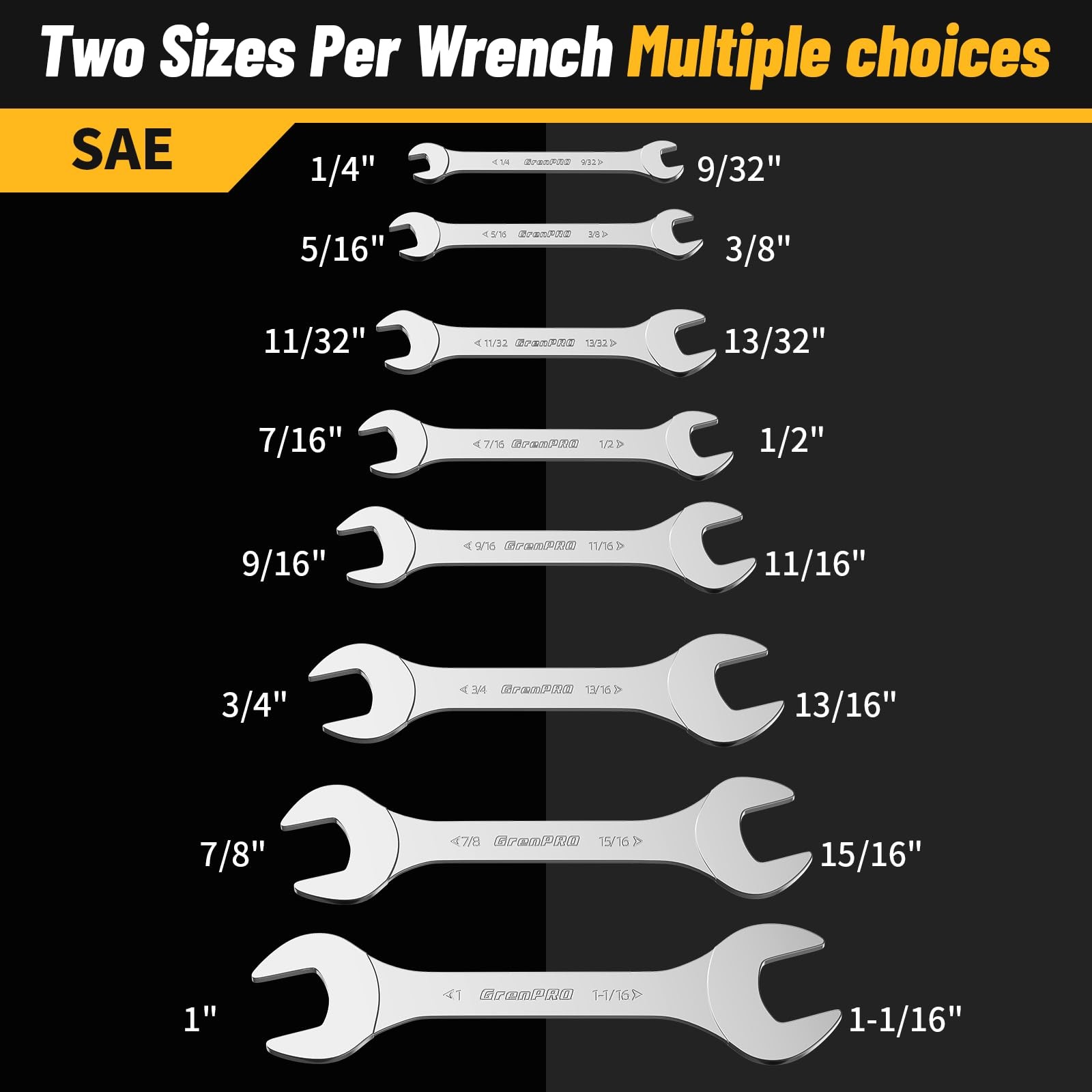 GRENPRO Super-Thin SAE Wrench Set, Open End 9PCS 1/4, SAE, Silver