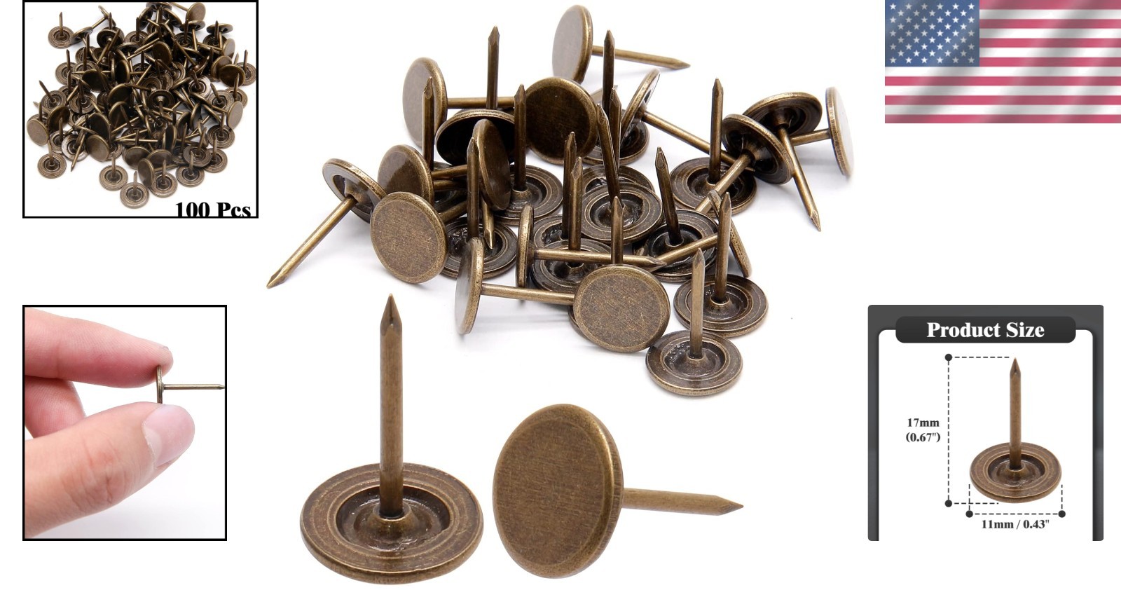 Bronze Flat Head Thumb Tacks - 100 Rust-Resistant Decorative Pins for Crafts