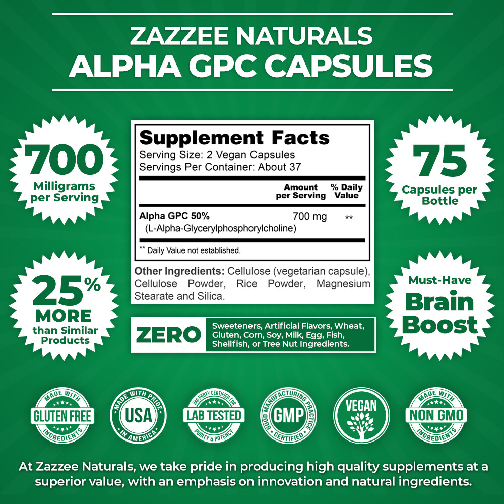 Alpha GPC Choline 75 Veggie Caps 700 mg per Serving Pharmaceutical Grade Non-GMO