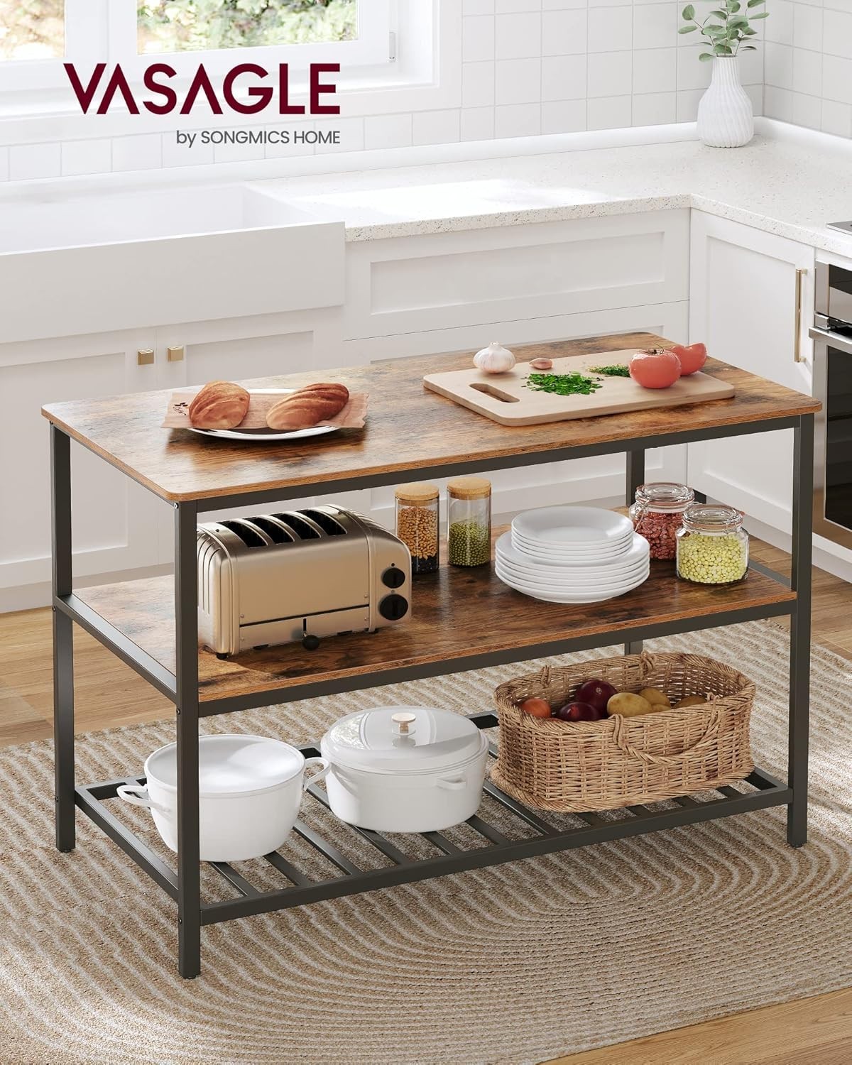 Kitchen Island with Shelves Large Worktop Freestanding Steel Structure Rustic...