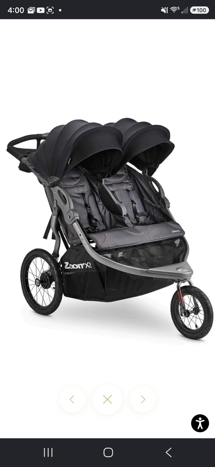 Joovy Zoom X2 Double Jogger Stroller 3-Wheel Air-Filled Tires Gray/Black