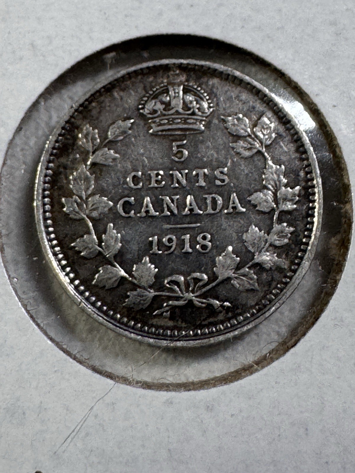 1918 Canada 5 Cents Silver Coin Cleaned