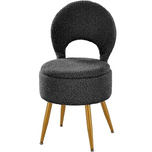 Vanity Stool with Storage and Backrest, Folding Back & Velvet Sherpa Black