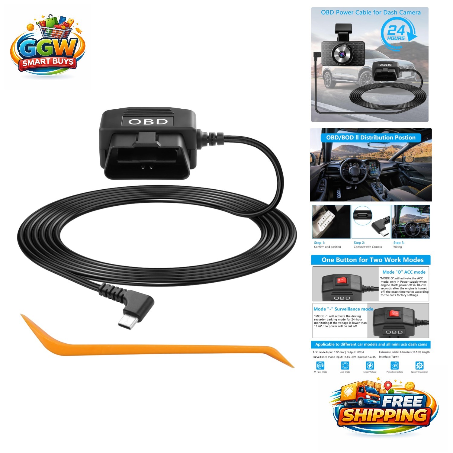 Automotive OBD Power Cable for Dash Cameras - Simple Plug & Play, 3.5M Length