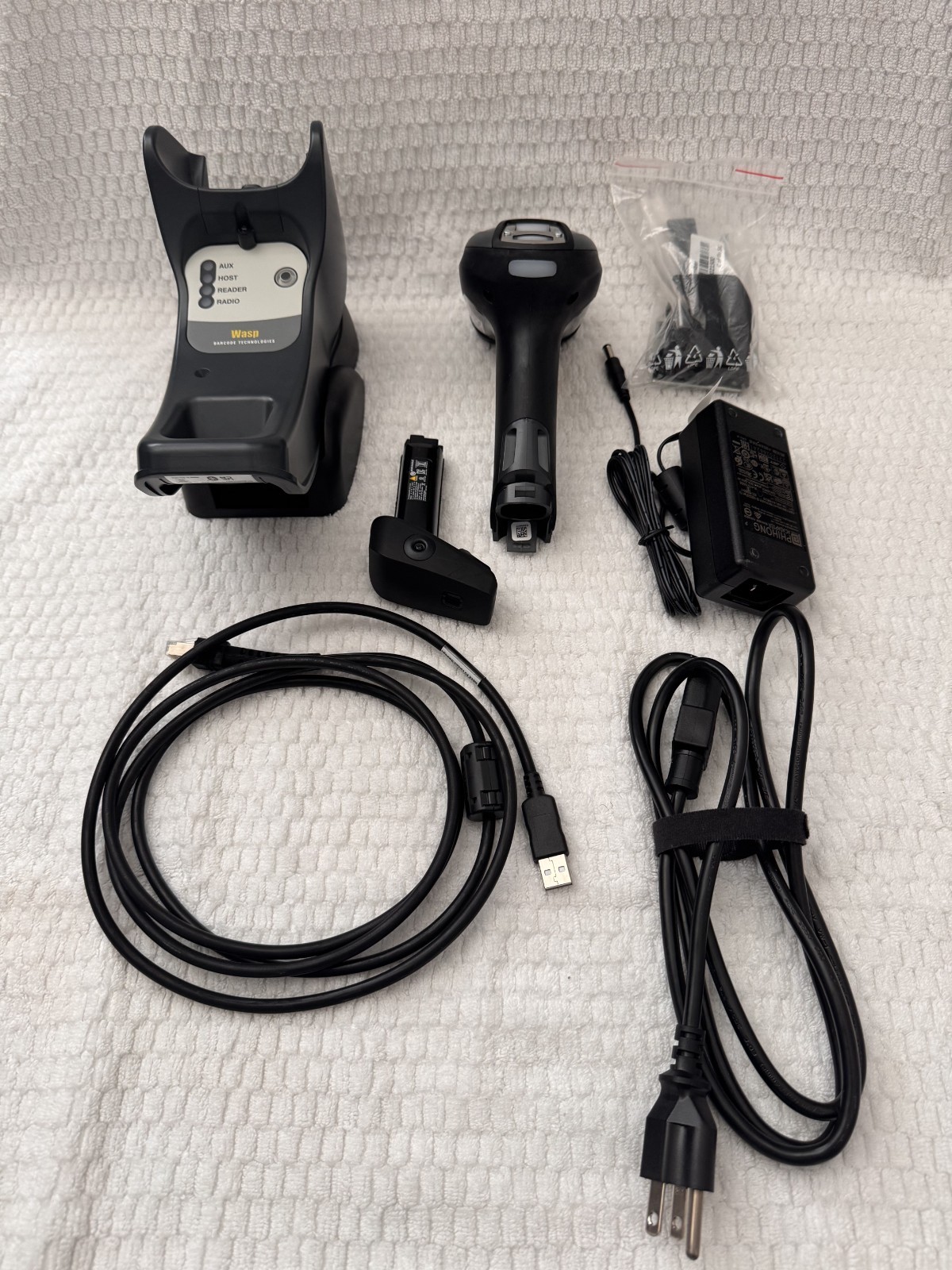 Wasp WWS 750 Barcode Scanner (scanner, batter, base, cable, charger w/ plug)