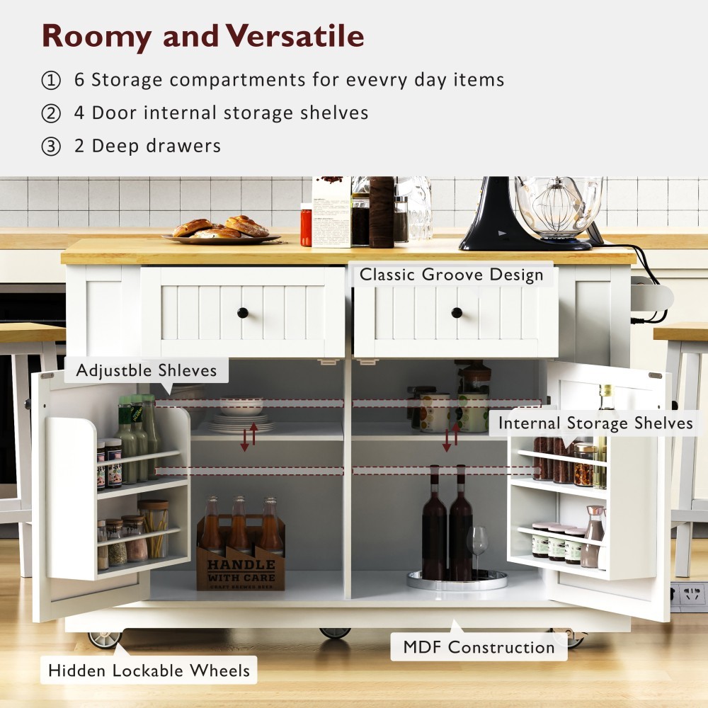 Kitchen Island W 2 Bar Stools 5 Open Side Racks 2 Drawers