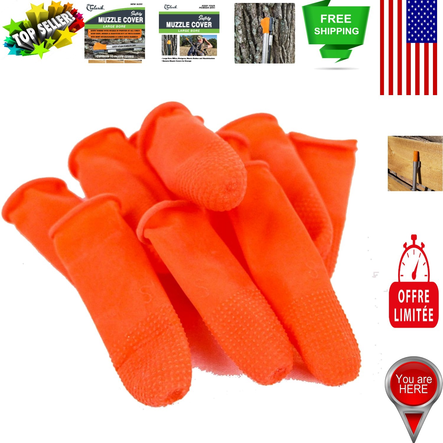 Blaze Orange Large Bore Muzzle Covers - 10 Disposable Latex Caps for Safety