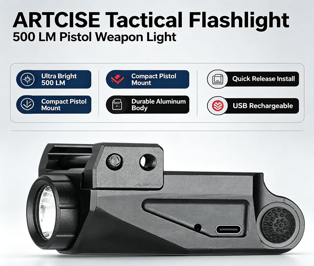 Tactical Pistol Flashlight 500LM LED Weapon Light USB Rechargeable Subcompact