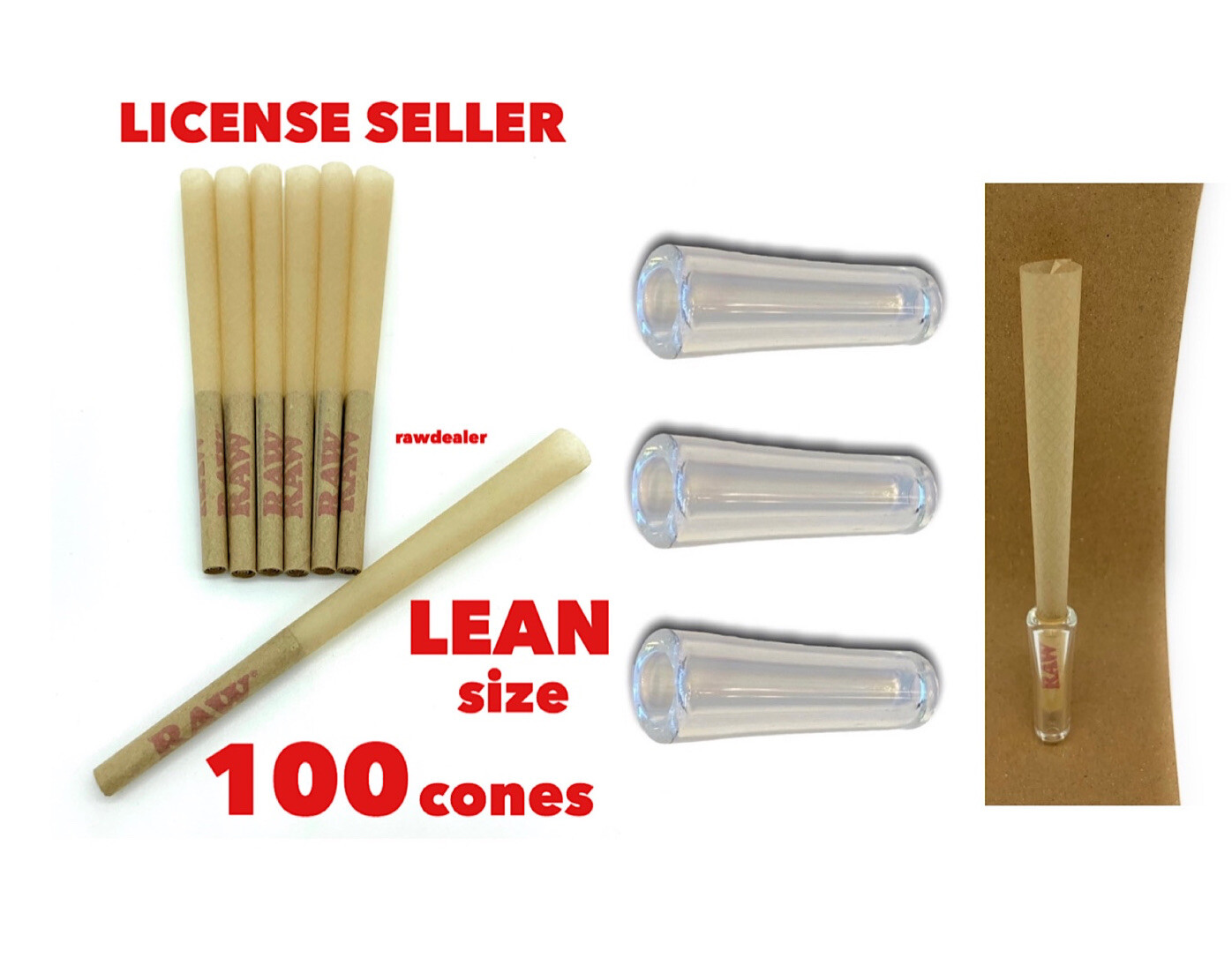 RAW lean size pre rolled cone (100PK)+3 glass cone holder tip