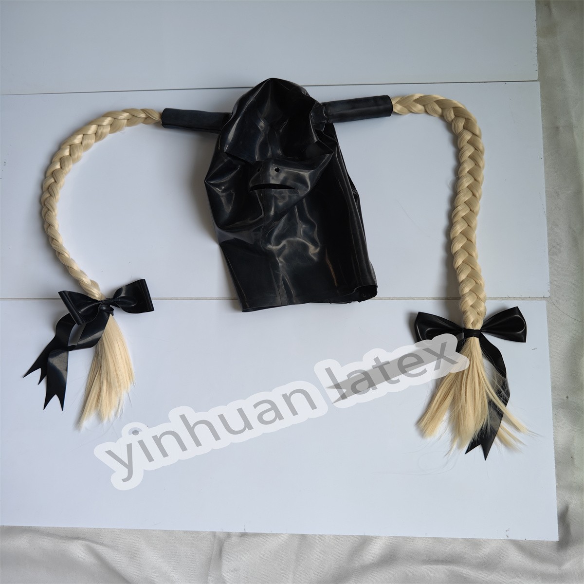 Latex Mask with 2 Wig Rubber Hood Back Zip Handmade Cosply Costume for Men Women