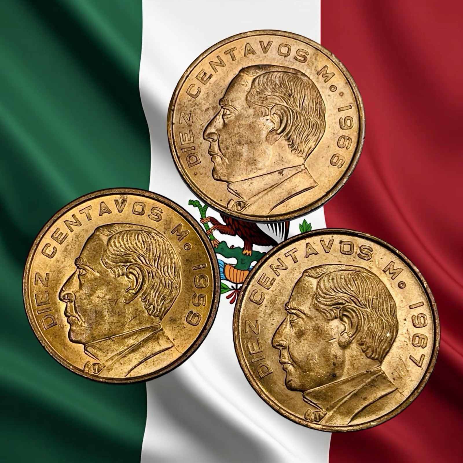 Lot of 3 Mexico 10 Centavos Coins - 1959, 1966 & 1967 - UNC - Combined Ship