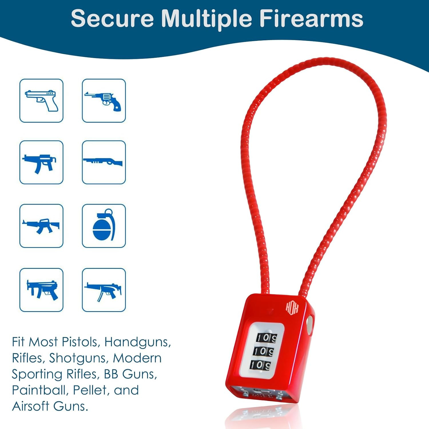 3-Digit Combination Gun Lock for Firearms, Home Safety Cable Lock