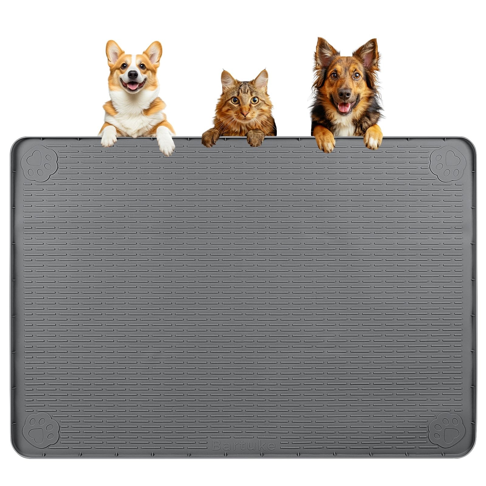 Dog Food Mat Silicone Pet Feeding Raised Edge Dark Grey Fits 40x28 Inch