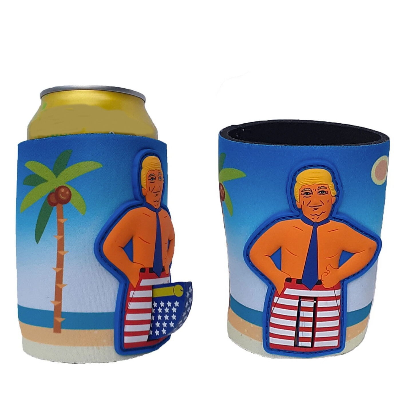 President Trump 2024 Can Koozie Salute w Flag Pole In Pants Red White Blue Flag