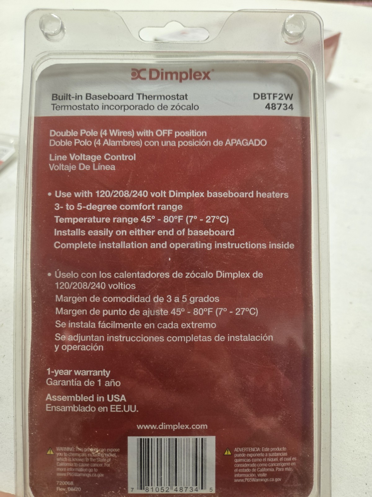**NEW** Dimplex Double Pole Built-In Baseboard Thermostat - DBTF2W