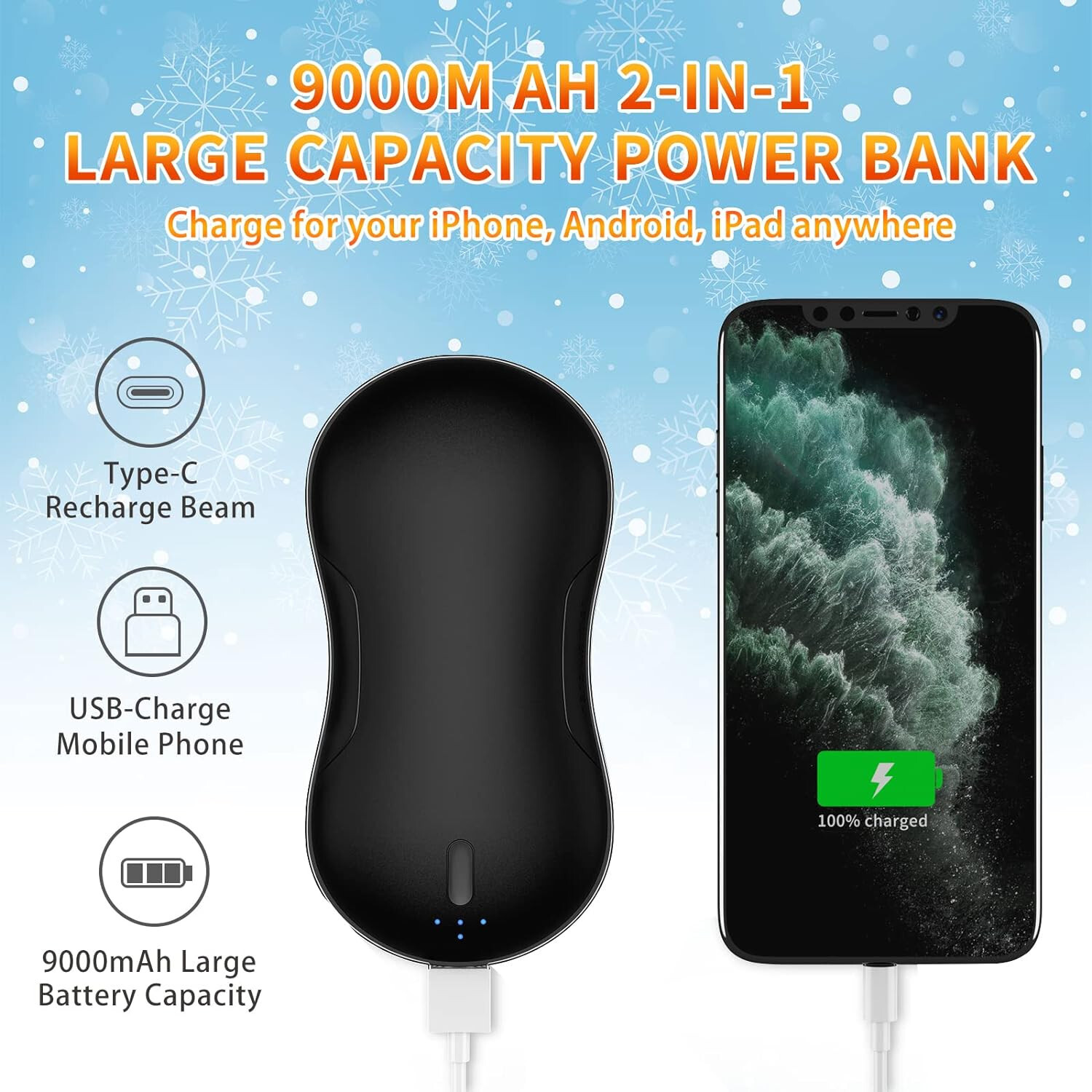 Quick Charge Hand Warmer Rechargeable,10000mAh Electric Hand Warmer Power Bank