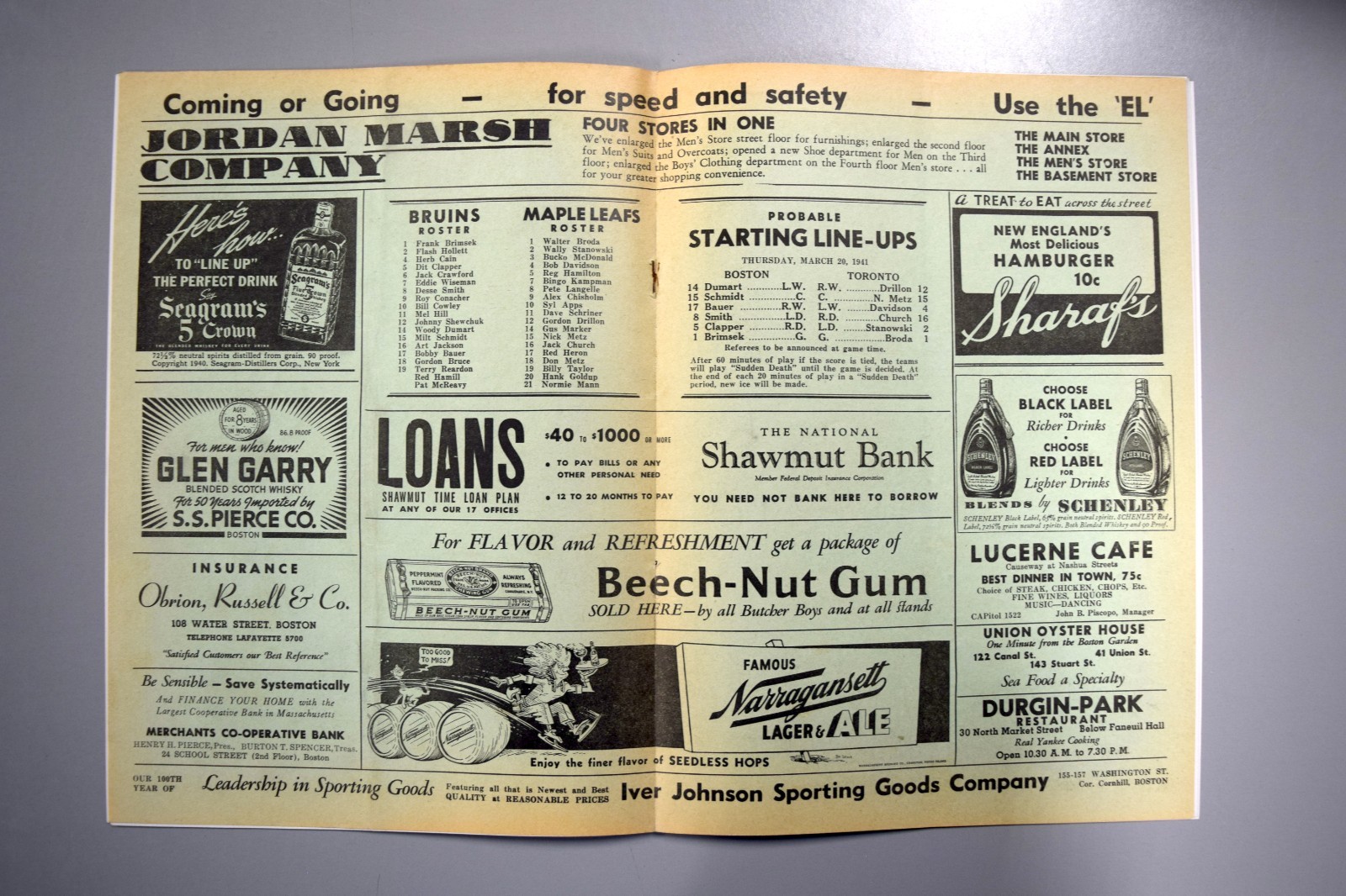 Boston Bruins vs Toronto Maple Leafs March 20th 1941 Official Game Program