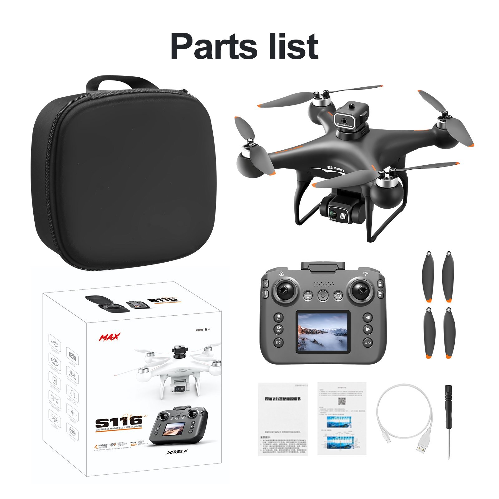 S116 GPS Drone with Screen Controller, Two-Batteries, Brushless Motor, Altitude