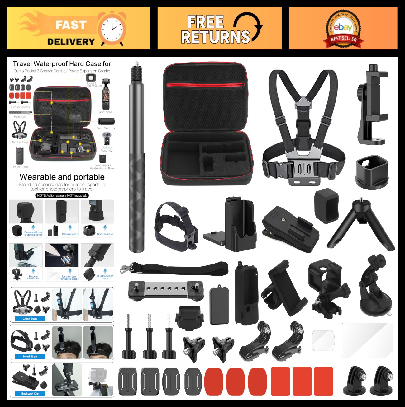 40 in 1 Accessories Kit for Osmo Pocket 3 - Carry Case, Chest Mount, Tripod & Mo