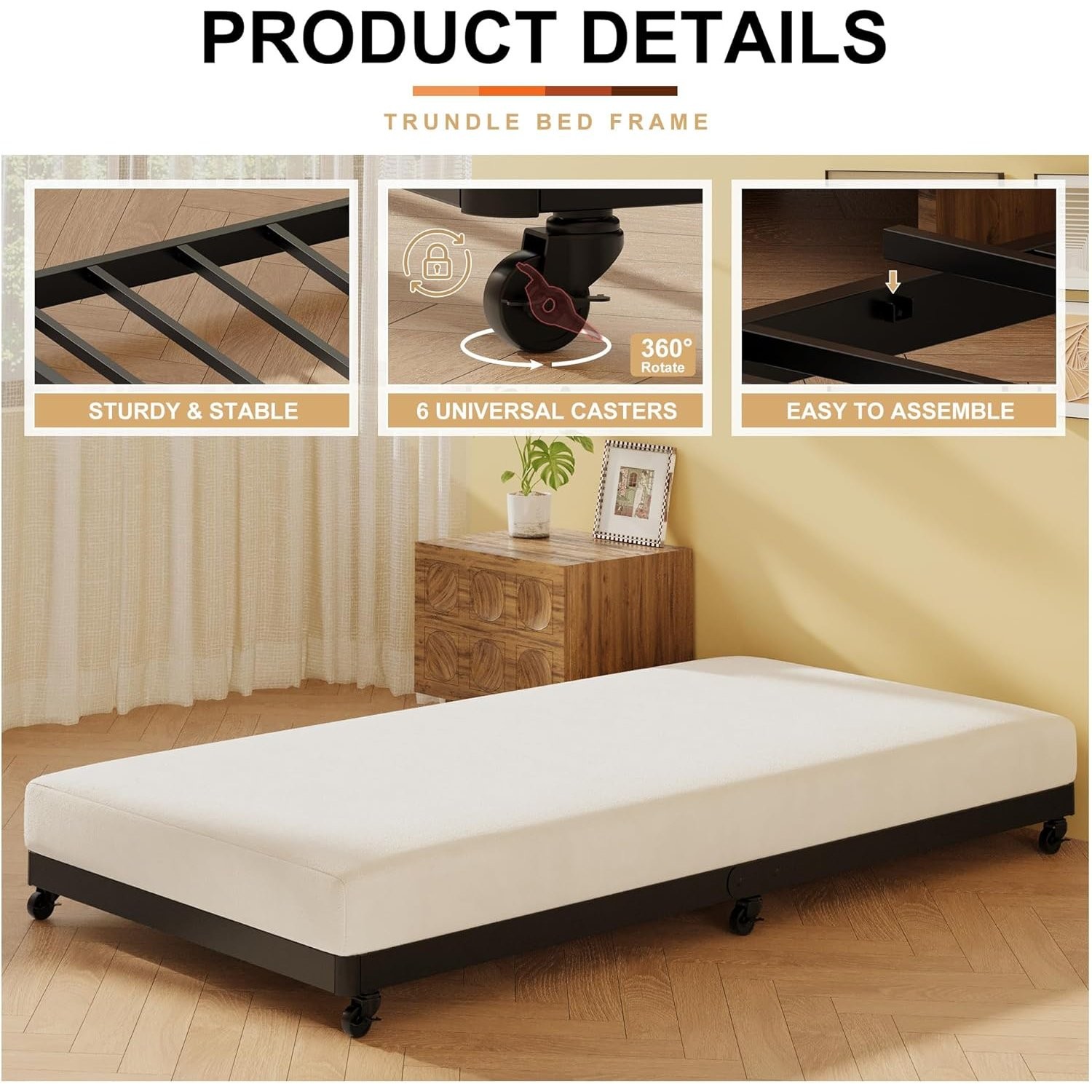 Black Twin Trundle Bed with Lockable Casters for Easy Storage and Convenience