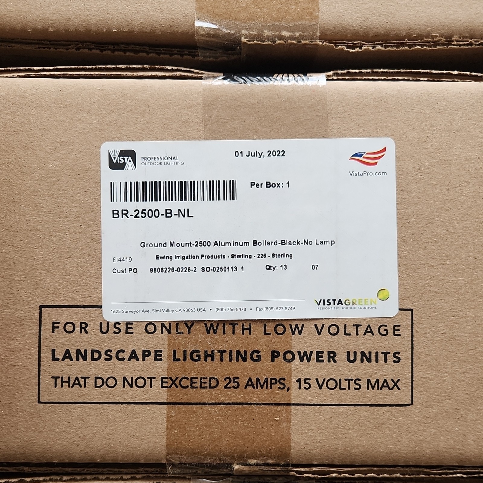 Vista BR-2500-B-NL Aluminum Black Ground Mount Low Voltage Outdoor Bollard Light