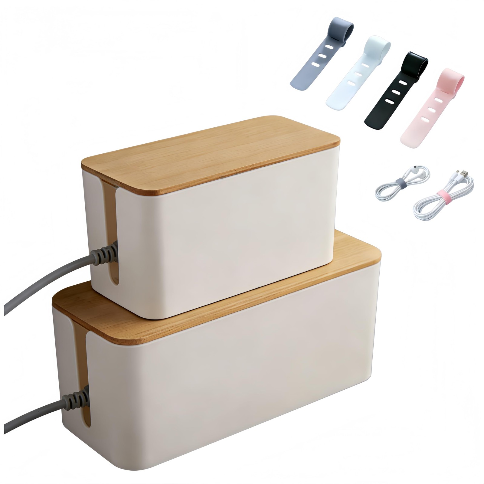 1Large+1Small Cable Organizer Set with 4 Silicone Ties, 2-Piece Management Box