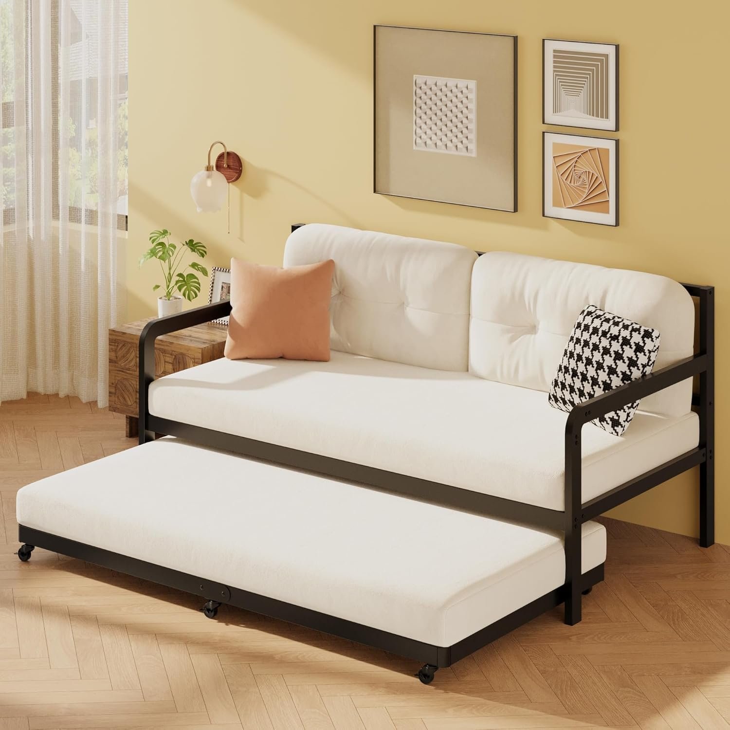 Black Twin Trundle Bed with Lockable Casters for Easy Storage and Convenience