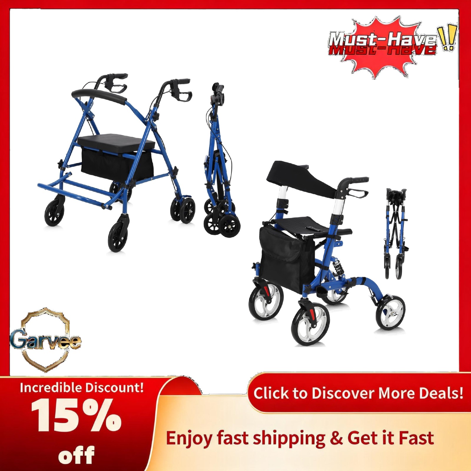 Rollator Walker with Seat 12" All Terrain Wheels Shock Absorber Adjustable Heigh