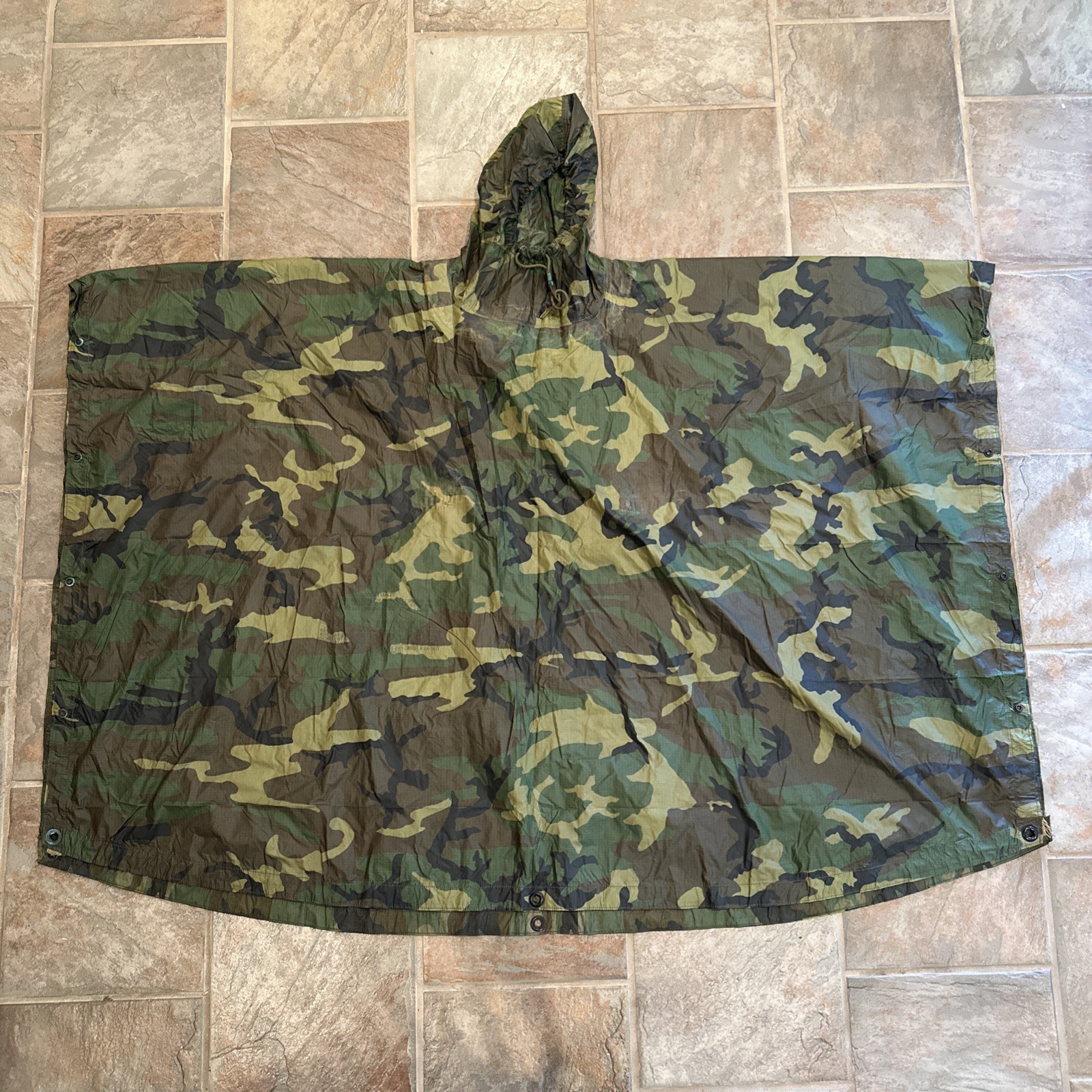 Vintage US Military Woodland Camouflage Nylon Wet Weather Poncho USGI Original