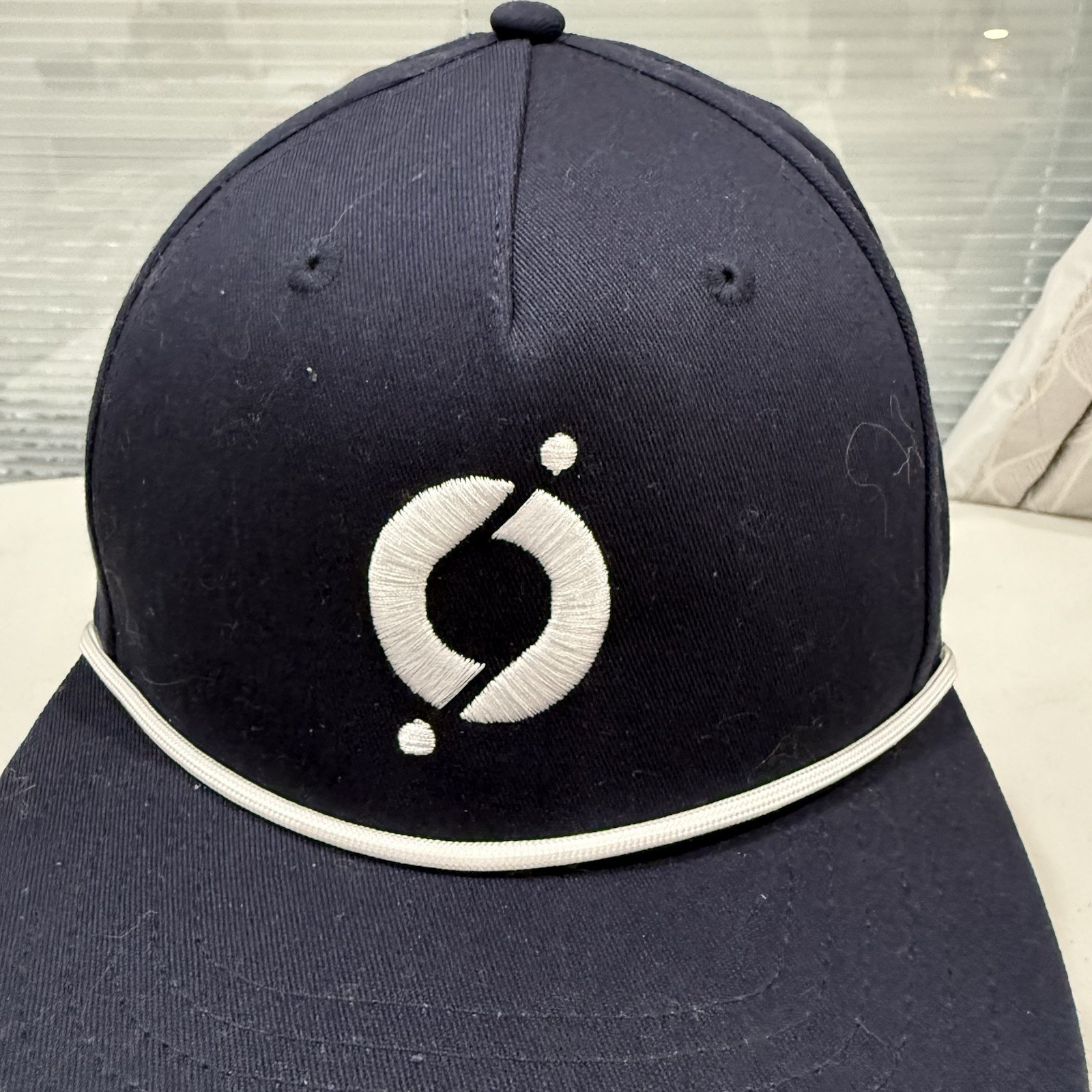 Circle w 2 Dots White Symbol on Navy Hat Cap w White Cord Snapback AHEAD EUC