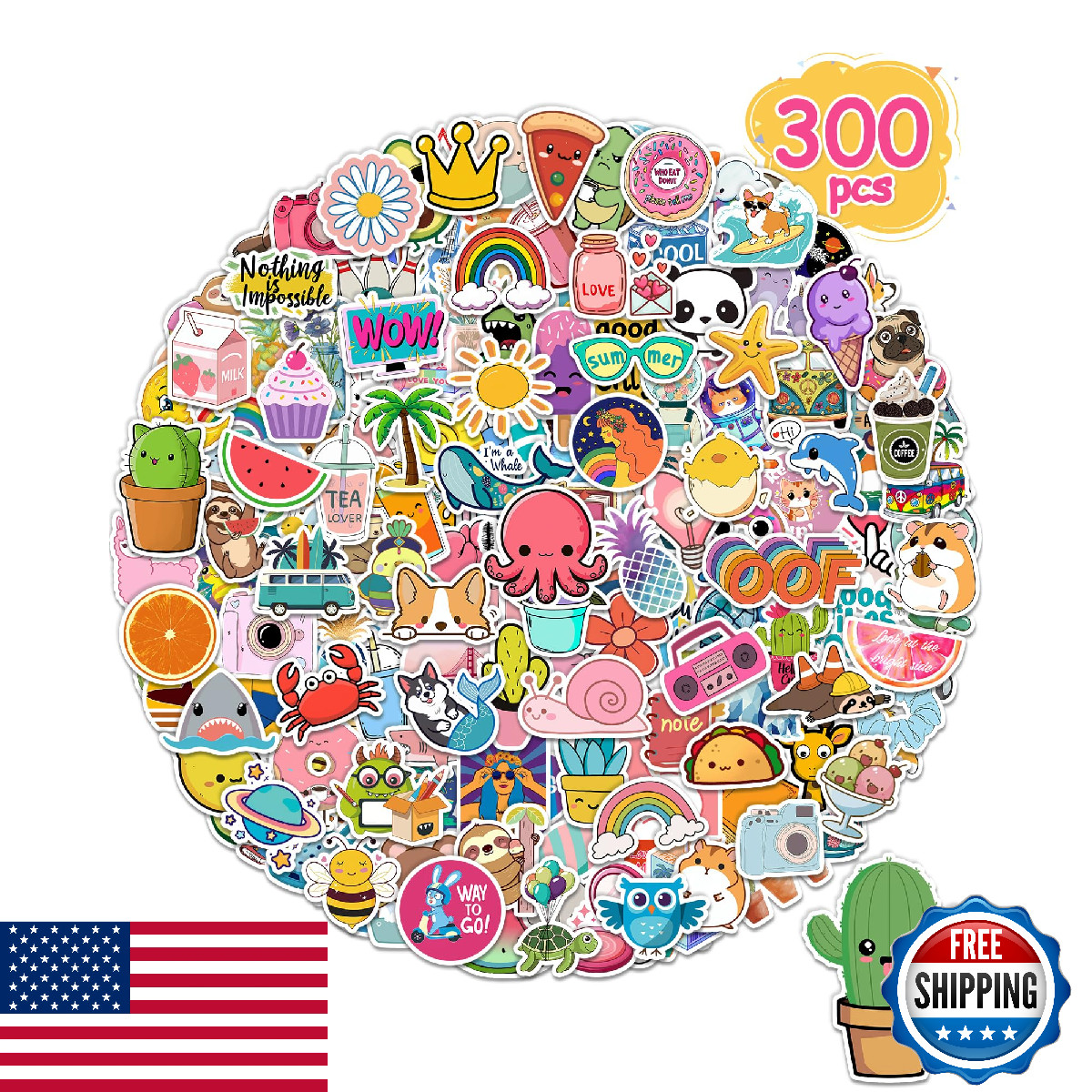 300 Pcs Cute Vinyl Waterproof Stickers for Kids Girls Teens - Laptop Water Bottl