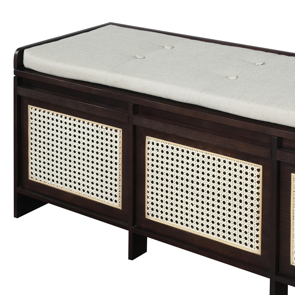 Entryway Shoe Bench, Retro Storage Bench with Rattan Drawers & Removable Button