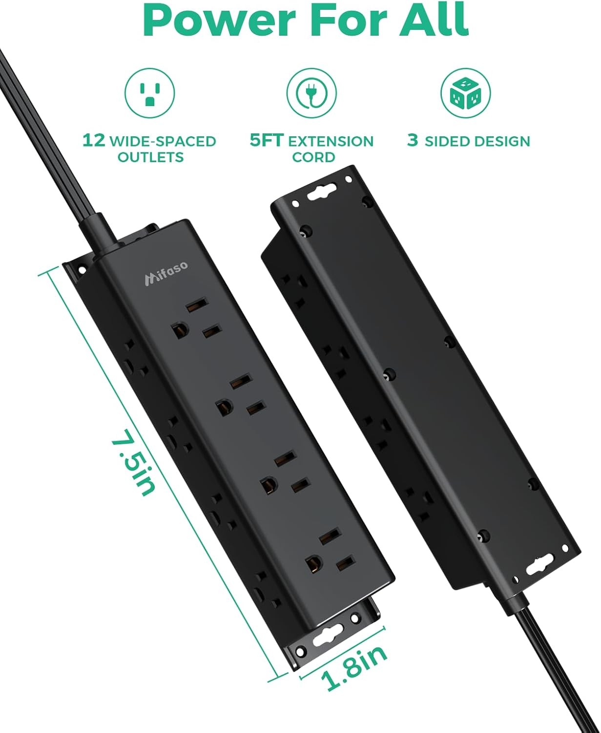 Surge Protector Power Strip 12 Widely Spaced Multi Outlets Wall Mount 3 Side
