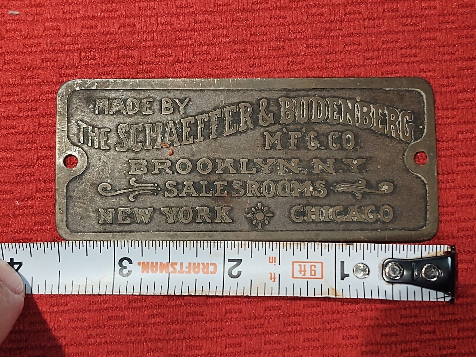Made by Schaeffer & Budenberg Small-Sized Salesroom Plaque Brooklyn N.Y.